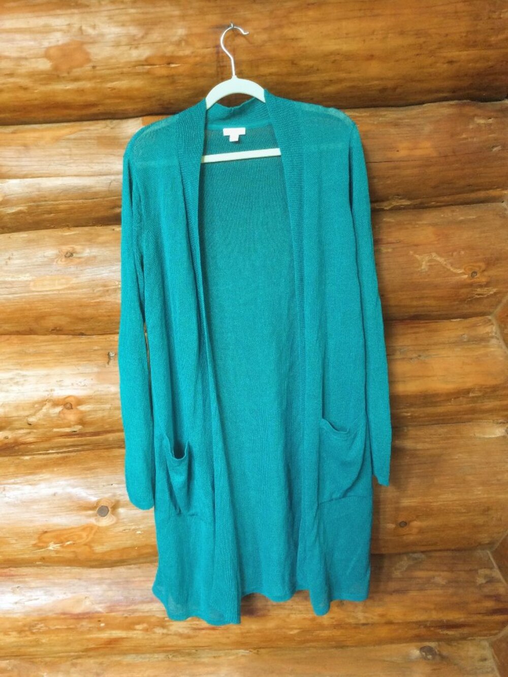 J. Jill Turquoise Lagoon Linen Blend Boho Open Front Duster Cardigan Size Large